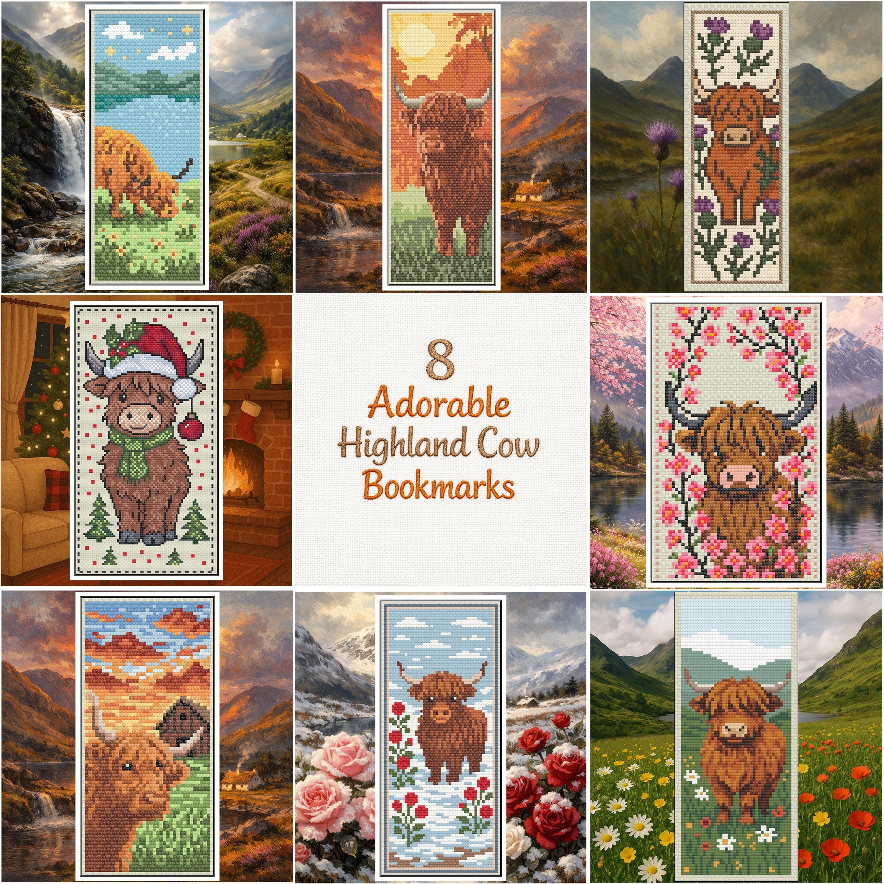 Scottish Highland Cow Bookmark Bundle – 8 Cross Stitch Bookmark ...