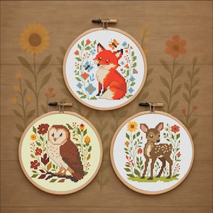 Woodland Cross Stitch Pattern Bundle: Fox, Owl, Deer (PDF Download)