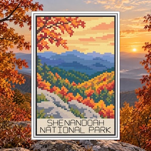 May include: A cross-stitch pattern featuring a landscape of Shenandoah National Park with autumn foliage in shades of orange, red, and yellow, blue mountain ranges, and a winding road. The text SHENANDOAH NATIONAL PARK is printed at the bottom.