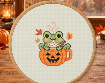 Pumpkin Spice Frog Counted Cross Stitch PDF Pattern