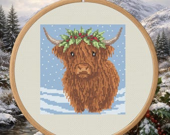 Winter Solstice Highland – Highland Cow Winter Cross Stitch Pattern PDF – Digital Download