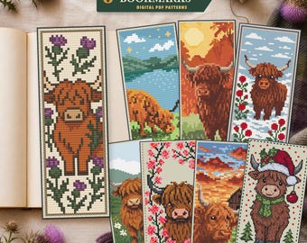 Scottish Highland Cow Bookmark Bundle – 8 Cross Stitch Bookmark Patterns PDF – Digital Download