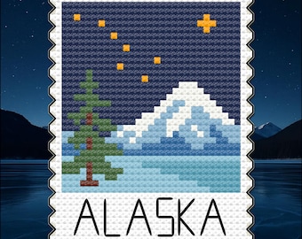 Alaska Mountain Night Cross Stitch Pattern: US State Stamp Series (PDF Pattern)