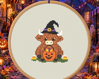 Candy Patrol Highland Cow Counted Cross Stitch PDF Pattern, Halloween Digital Download
