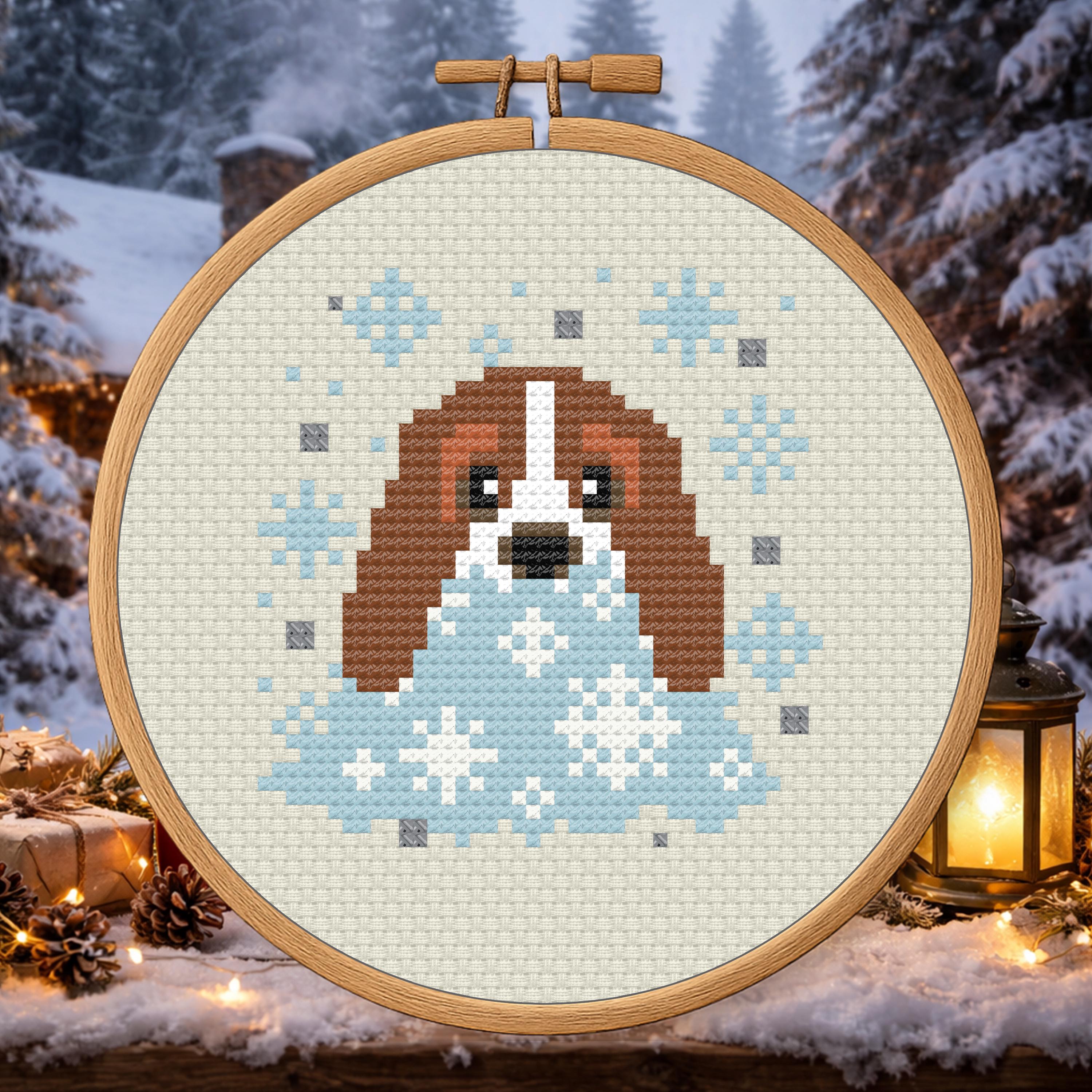 Basset in a Snow Pile – Winter Dog Cross Stitch Pattern PDF cross-stitch pattern preview
