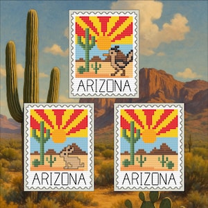 May include: Three Arizona-themed cross-stitch designs resembling postage stamps. Each features a desert landscape with a cactus, sun, and the word "ARIZONA." One stamp shows a roadrunner, another a rabbit.