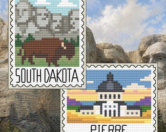 South Dakota Cross Stitch Pattern Bundle: South Dakota Mount Rushmore & Bison Stamp + Pierre Capitol Sunset Set (PDF Download)