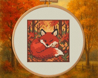 Zorro Durmiente de Otoño – Patrón de Punto de Cruz de Otoño en PDF – Descarga Digital