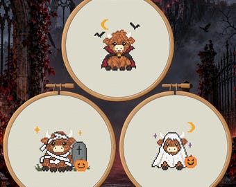 Classic Monsters Highland Cow Trio Counted Cross Stitch PDF Bundle, 3 Halloween Cow Patterns