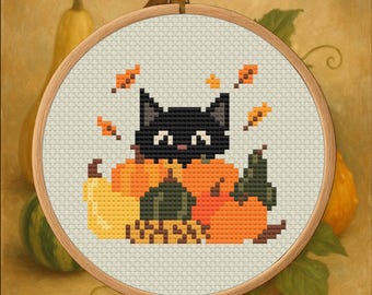 Cat in Gourd Pile – Autumn Cat Cross Stitch Pattern PDF – Digital Download
