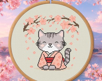 Japan Blossom Cat Cross Stitch Pattern PDF - Sakura Cat Digital Download