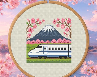 Shinkansen Spring Scene Cross Stitch Pattern PDF - Japan Train Digital Download