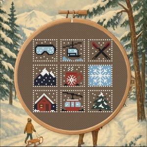 May include: A cross-stitch embroidery hoop with winter icons: ski goggles, a ski lift, crossed skis, a mountain, a mug, a snowflake, a cabin, a gondola, and a fir tree. The background depicts a snowy landscape with mountains and trees.