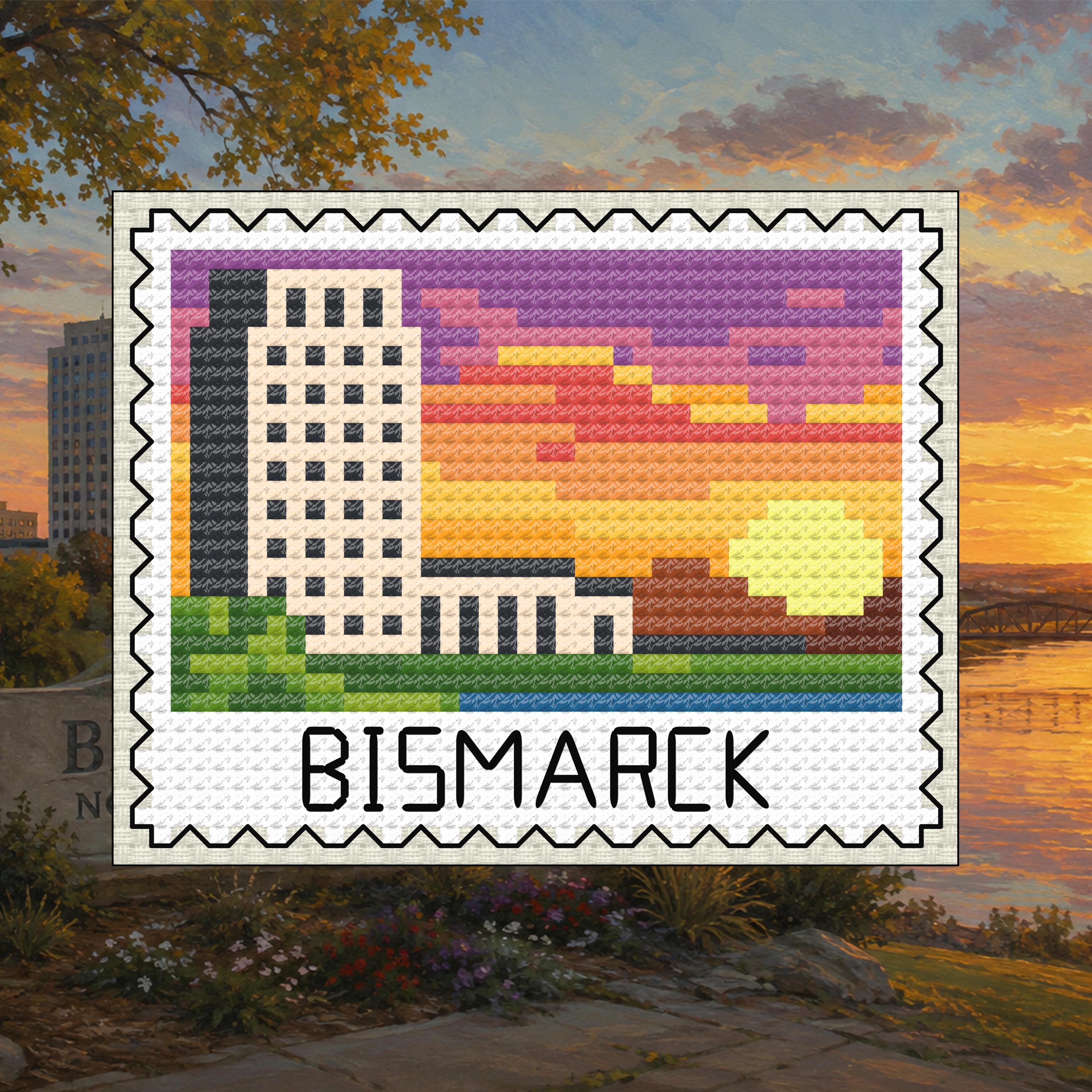 Bismarck Stamp - North Dakota Sunset Landmark Cross Stitch Pattern PDF cross-stitch pattern preview