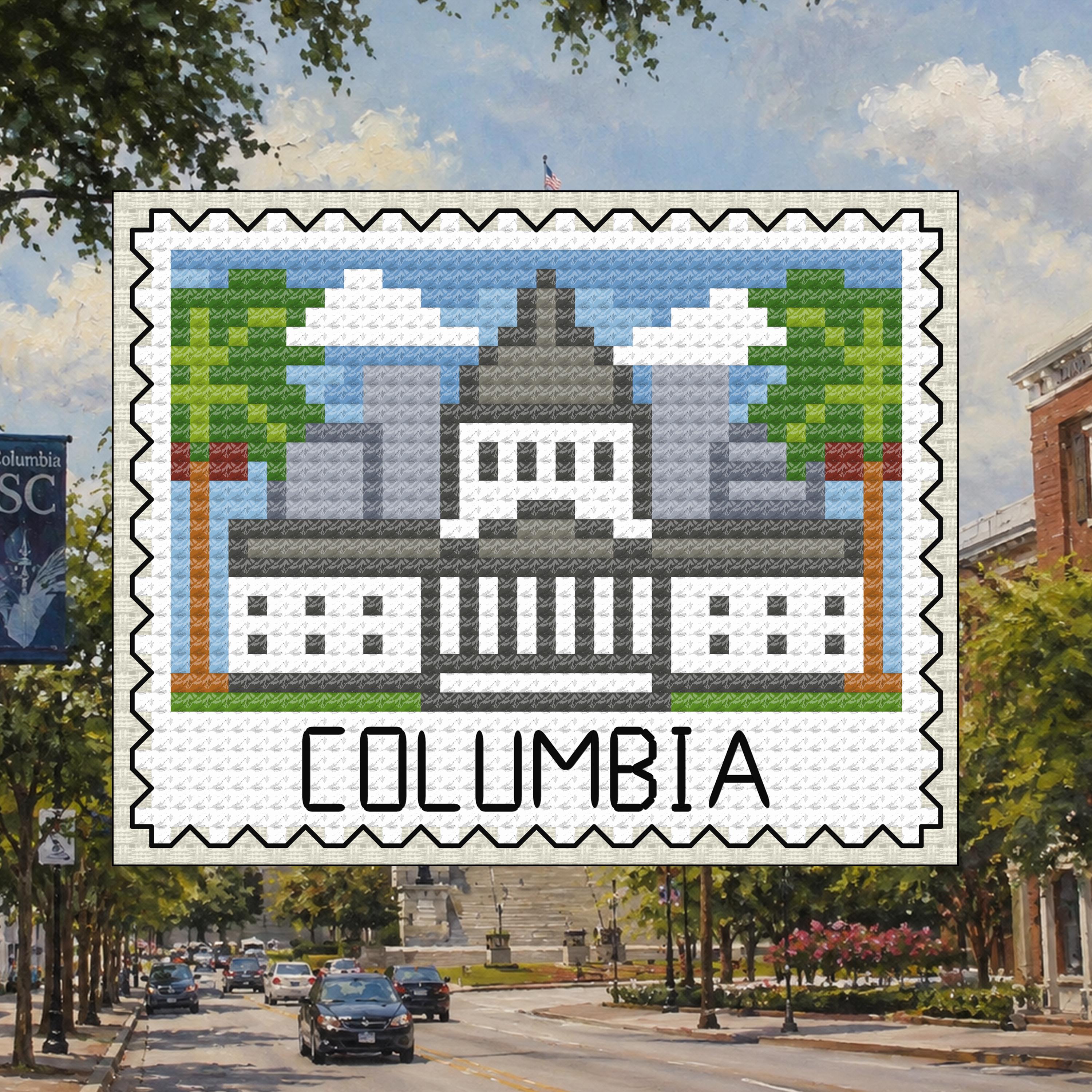 Columbia Stamp - South Carolina State House Cross Stitch Pattern PDF cross-stitch pattern preview