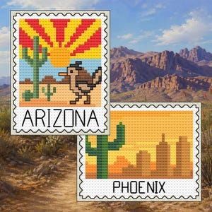 May include: Two cross-stitch designs resembling postage stamps. One features a cactus, roadrunner, and the word "ARIZONA." The other depicts a cactus and a cityscape with the word "PHOENIX." Both designs have a white border with a scalloped edge, set against a desert landscape.