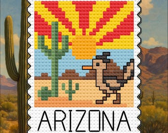 Arizona Roadrunner Cross Stitch Pattern: US State Stamp Series (PDF Pattern)