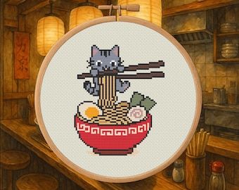 Ramen Cat in Chopsticks – Japan Cross Stitch Pattern PDF – Digital Download