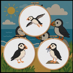Coastal Cuties Trio – 3 Patterns – Puffins – Cross Stitch Pattern Bundle PDF – Digital Download
