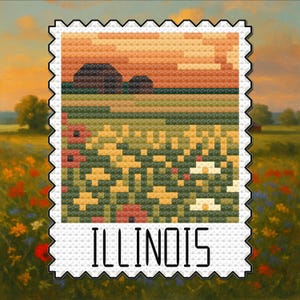 Sunset Prairie – Illinois – US State Postage Stamp Series Cross Stitch Pattern PDF – Digital Download