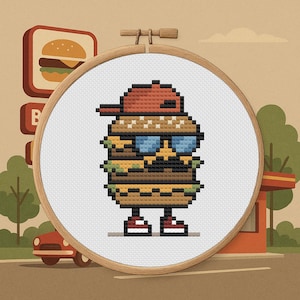 May include: Cross-stitch hoop art featuring a pixelated hamburger character wearing a red cap and blue sunglasses. The burger has legs and red shoes. The background includes a burger sign, a red car, and a fast-food restaurant.