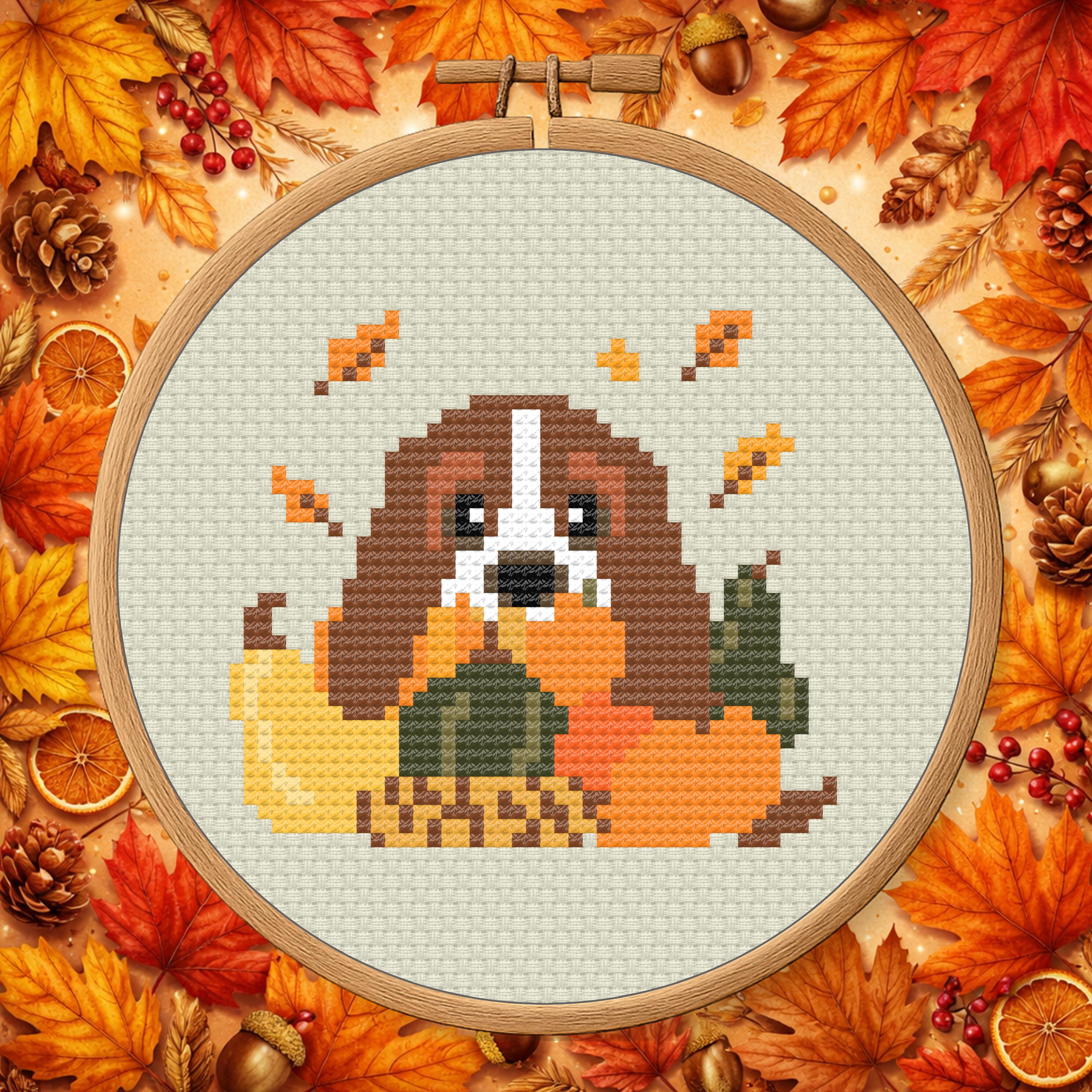 Basset in a Gourd Pile – Autumn Dog Cross Stitch Pattern PDF cross-stitch pattern preview