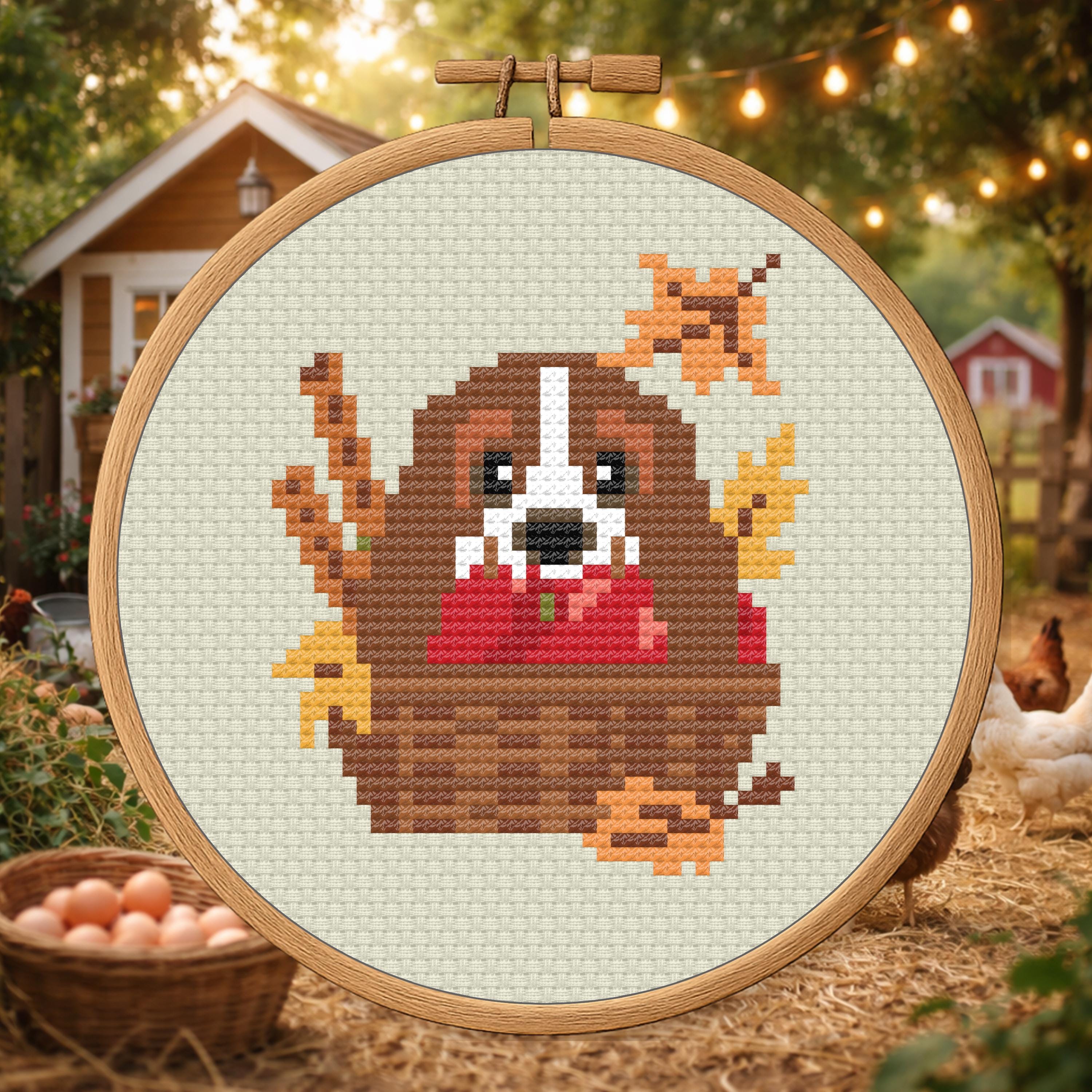 Basset in an Apple Basket – Autumn Dog Cross Stitch Pattern PDF cross-stitch pattern preview