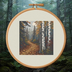 May include: A cross-stitch embroidery project featuring a forest landscape with a winding dirt path, tall birch trees with white and black bark, and dense evergreen trees in shades of brown, green, and gray, held in a round wooden hoop.