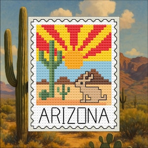 May include: A cross-stitch design featuring a stylized Arizona landscape within a postage stamp frame. The design includes a rising sun, cacti, a desert scene, and a rabbit. The word "ARIZONA" is displayed at the bottom.