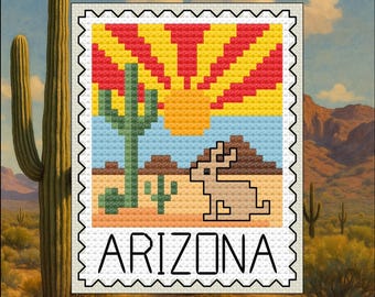May include: A cross-stitch design featuring a stylized Arizona landscape within a postage stamp frame. The design includes a rising sun, cacti, a desert scene, and a rabbit. The word "ARIZONA" is displayed at the bottom.