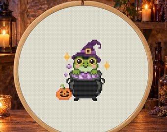 Cauldron Frog Counted Cross Stitch PDF Pattern, Halloween Digital Download