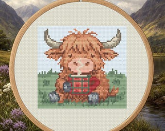 Highland Cow Coffee Break – Cozy Highland Cow Cross Stitch Pattern PDF – Digital Download
