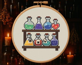 May include: A cross-stitch embroidery hoop showing eight potion bottles on a wooden shelf. The bottles contain liquids of various colours, including green, purple, blue, and red. The embroidery is set against a neutral background, with a wooden hoop.