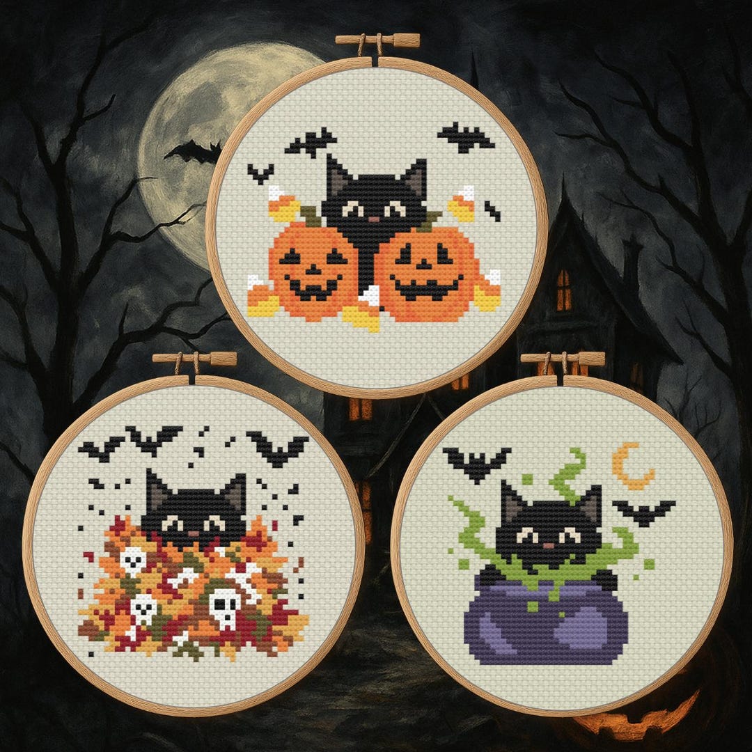 Peepin’ Cat Halloween Trio – Black Cat Cross Stitch Pattern Set PDF ...