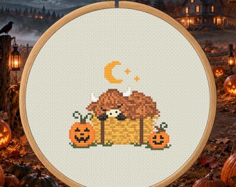 Harvest Nap Highland Cow Counted Cross Stitch PDF Pattern, Halloween Digital Download
