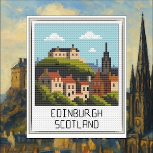 May include: A cross-stitch design of Edinburgh, Scotland, featuring a castle on a hill, buildings with red roofs, and the text "EDINBURGH SCOTLAND" in a white frame. The background is an oil painting of a cityscape.