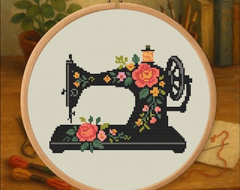 Floral Sewing Machine – Vintage Cross Stitch Pattern PDF – Digital Download