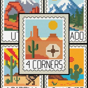 May include: A collection of cross-stitch designs resembling postage stamps. Each stamp features a landscape scene from the American Southwest, including mountains, cacti, and desert vistas. The central stamp reads "4 CORNERS".
