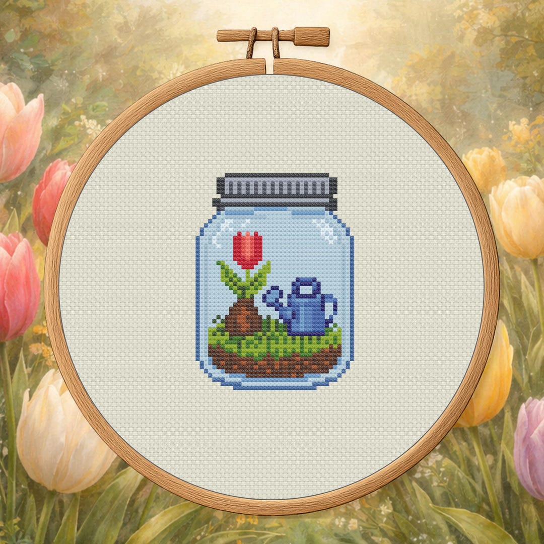 Tulip Terrarium Jar – Tulip & Watering Can Cross Stitch Pattern PDF ...