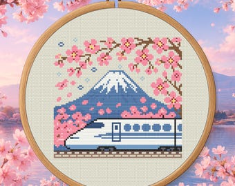 Spring Shinkansen Scene Cross Stitch Pattern PDF - Japan Train Digital Download