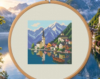 Hallstatt Lake Village Counted Cross Stitch PDF | Austria Travel Pattern