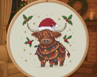 Christmas Highland Cow – Festive Holiday Cross Stitch Pattern PDF – Digital Download