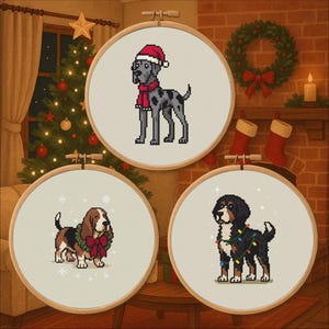 May include: Three framed cross-stitch dog portraits. One features a Dalmatian wearing a Santa hat and scarf. Another shows a Basset Hound with a bow. The third depicts a Bernese Mountain Dog with Christmas lights. Festive holiday decor.