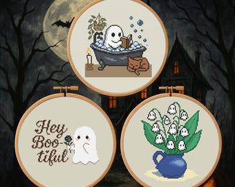 Ghostly Delights Trio – Halloween Cross Stitch Pattern Bundle PDF – Digital Download