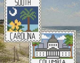 South Carolina Cross Stitch Pattern Bundle: South Carolina Palmetto Coast Stamp + Columbia State House Set (PDF Download)