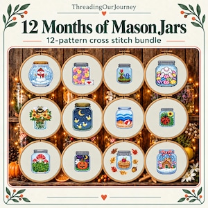 Paquete de 12 meses de tarros Mason: patrones de punto de cruz de tarros de temporada en PDF - Descarga digital