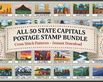 50 State Capital Postage Stamp Cross Stitch Pattern Bundle: Stitch the USA Capitals! (PDF Instant Digital Download)