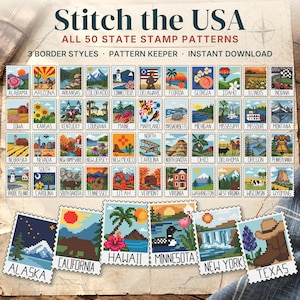 50 State Postage Stamp Cross Stitch Pattern Bundle: Stitch the USA! (PDF Instant Digital Download)
