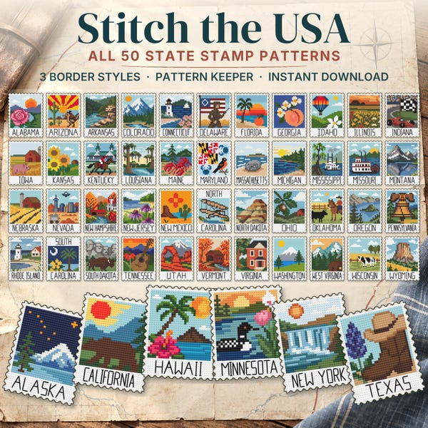 Paquete de patrones de punto de cruz de sellos postales de los 50 estados: ¡Cose los Estados Unidos! (Descarga digital instantánea en PDF)