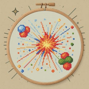 May include: Cross-stitch embroidery in a wooden hoop. The design features a colorful burst of fireworks in shades of red, orange, yellow, and blue. Additional elements include stylized spheres and dots, all stitched on a light beige fabric.